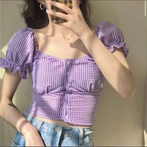 Purple and white grid button up top